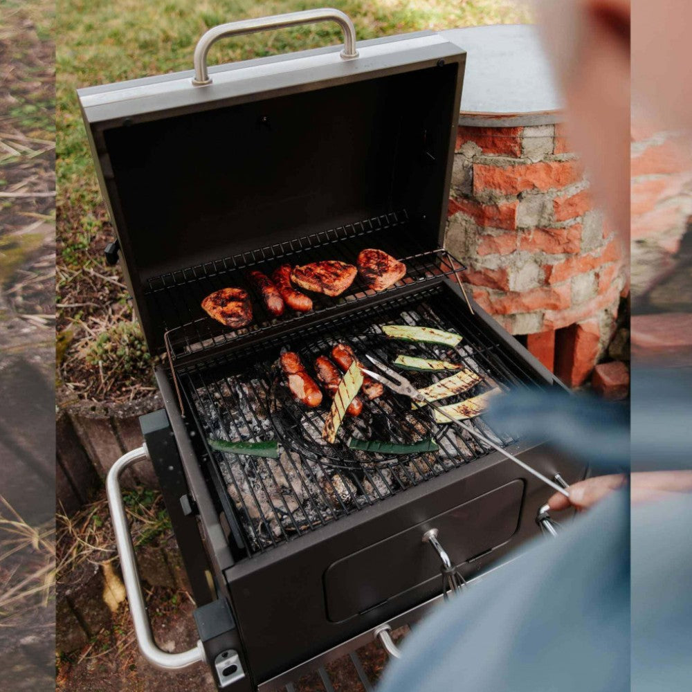 Barbecue à charbon avec brasier réglable en hauteur et roulettes Boston