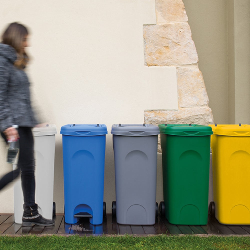 Bidone pattumiera carrellato in resina con anello fermasacco e pedale 80 lt. per raccolta differenziata URBAN ECO SYSTEM
