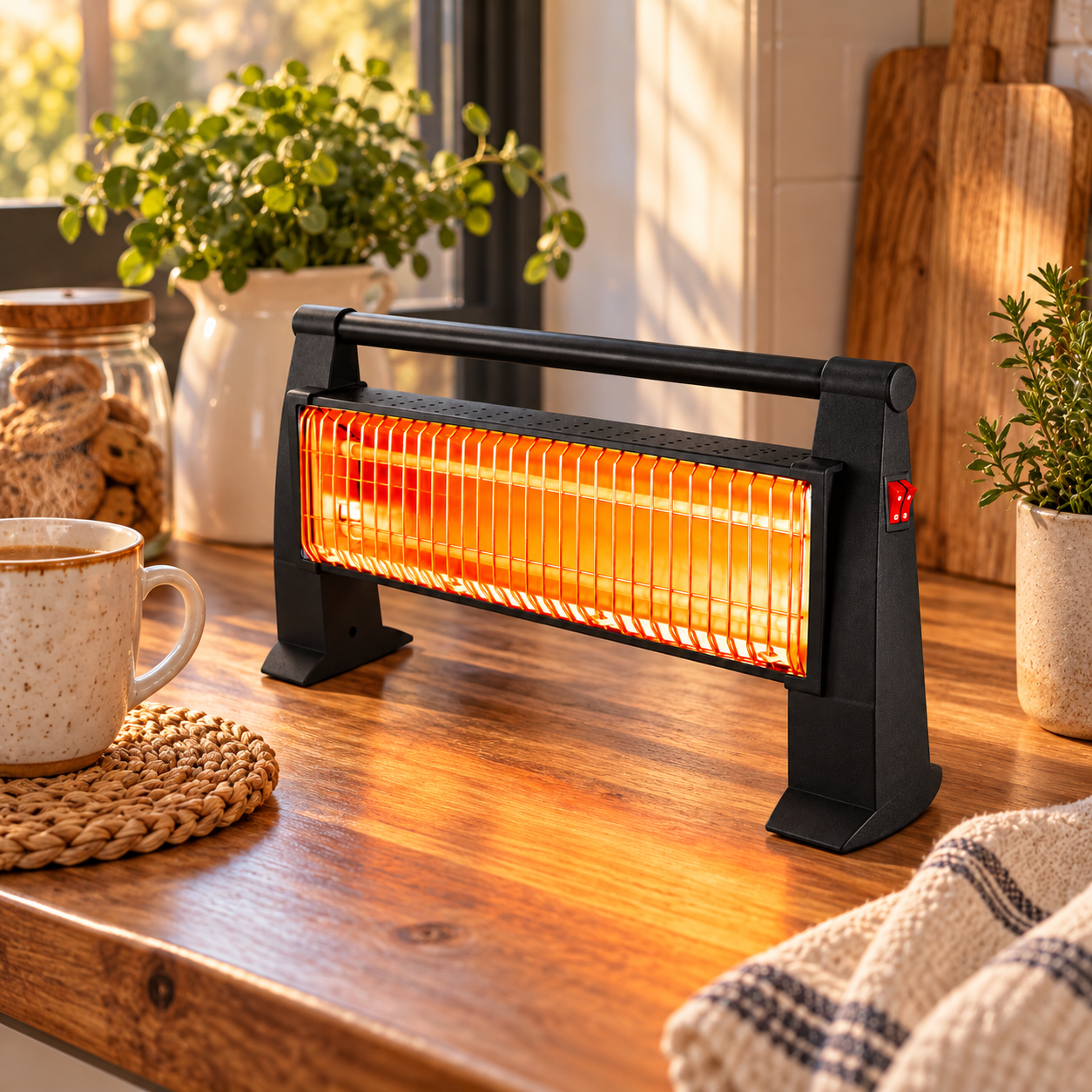 Stufetta scaldino al quarzo da pavimento 1200W con potenza regolabile e maniglia
