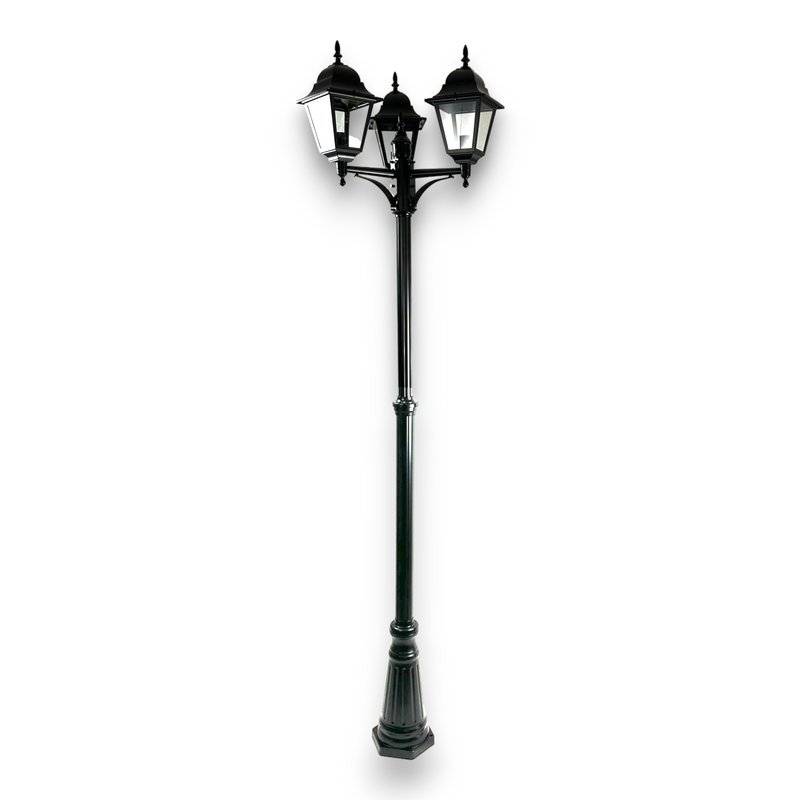 Lampione da giardino a 3 luci 100W h230 cm con struttura in alluminio verniciato nero e altezza regolabile New York