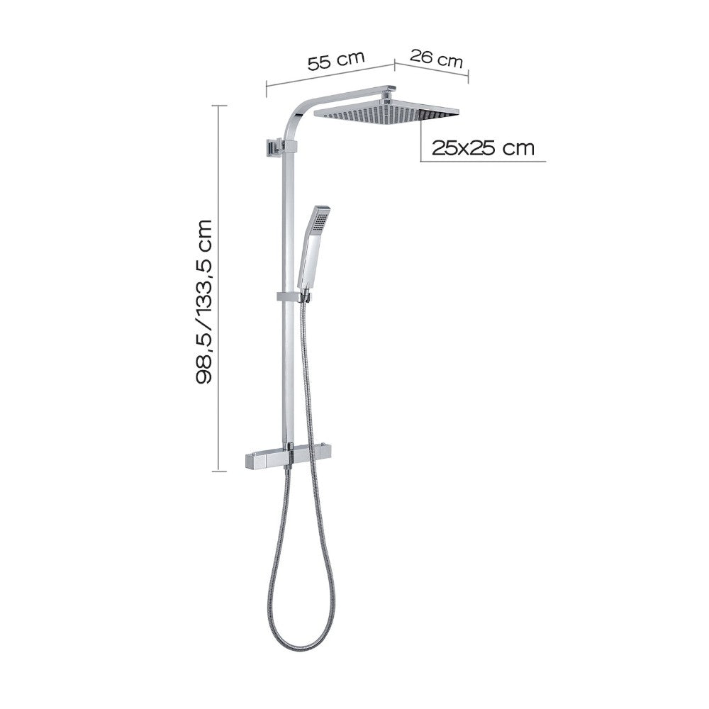 Set colonna doccia quadra cromo in acciaio inox con soffione doccetta 1 getto e miscelatore termostatico abs star mix 01