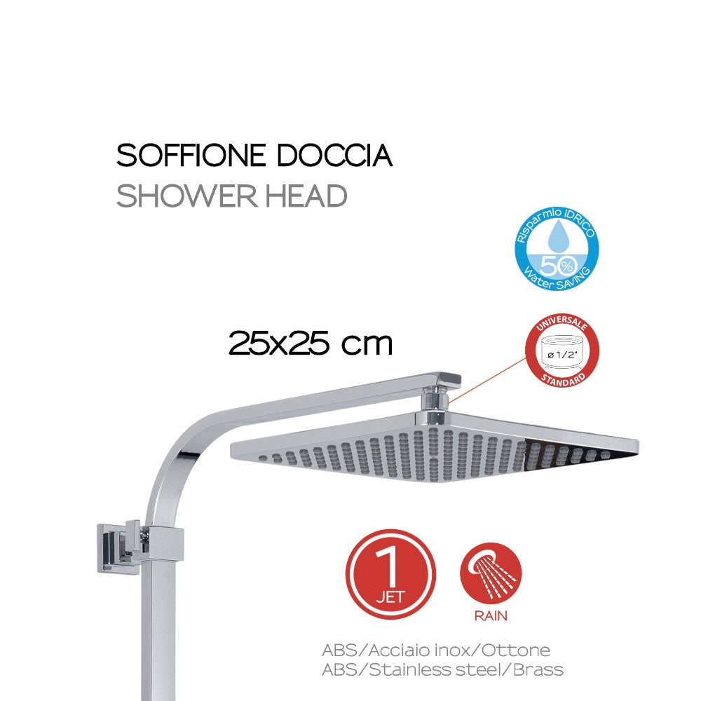 Set colonna doccia quadra cromo in acciaio inox con soffione doccetta 1 getto e miscelatore termostatico abs star mix 01