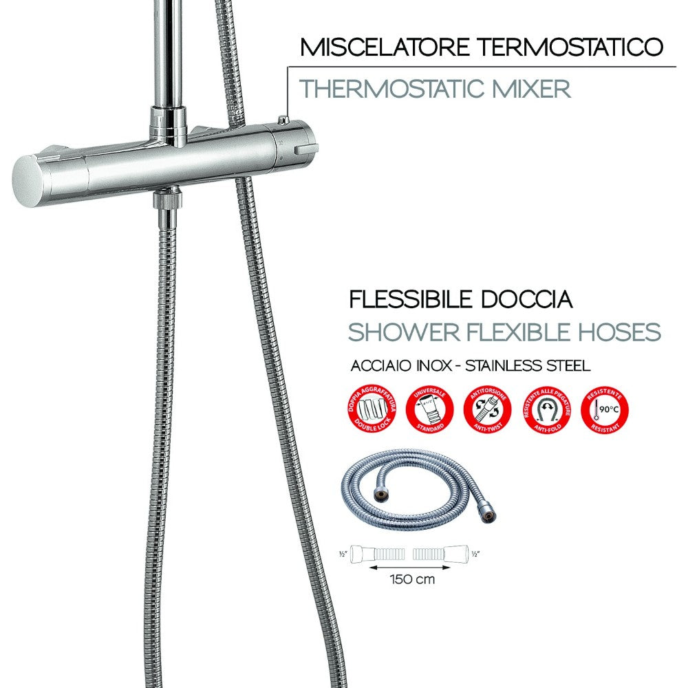 Set colonna doccia tondo cromo con miscelatore termostato soffione 1 getto e doccetta 28x50x85-126 cm