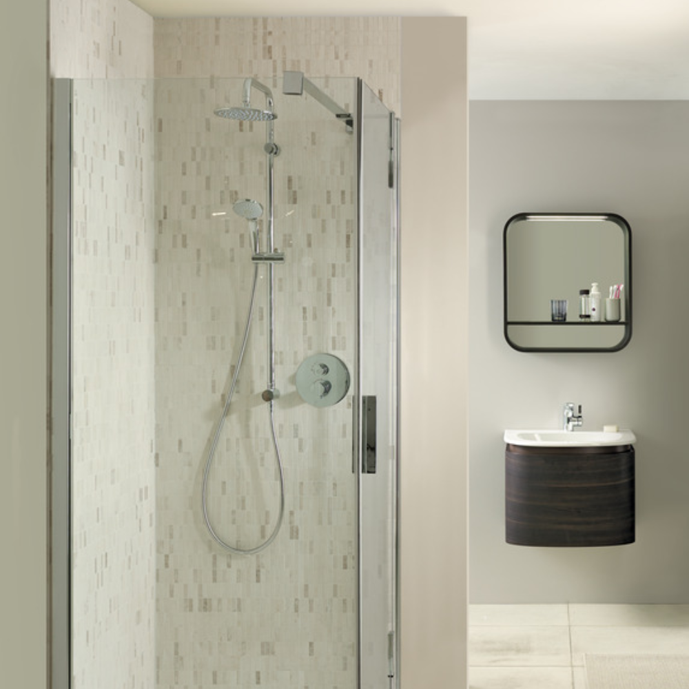 Colonna doccia cromata con soffione tondo 20 cm e doccetta con riduttore 10 cm idealduo