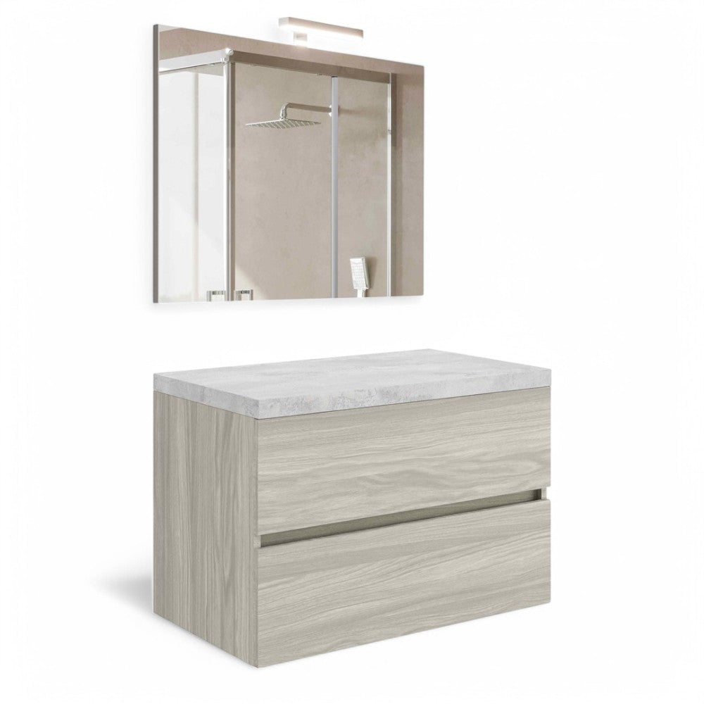 Composizione mobile da bagno rovere bianco beton sospeso con specchio e led Easytop 80