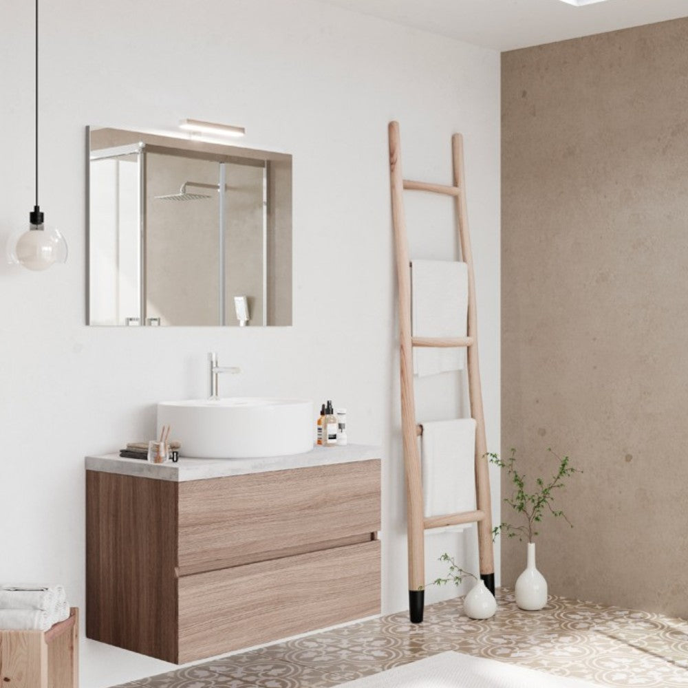 Composizione mobile da bagno rovere bianco beton sospeso con specchio e led Easytop 80