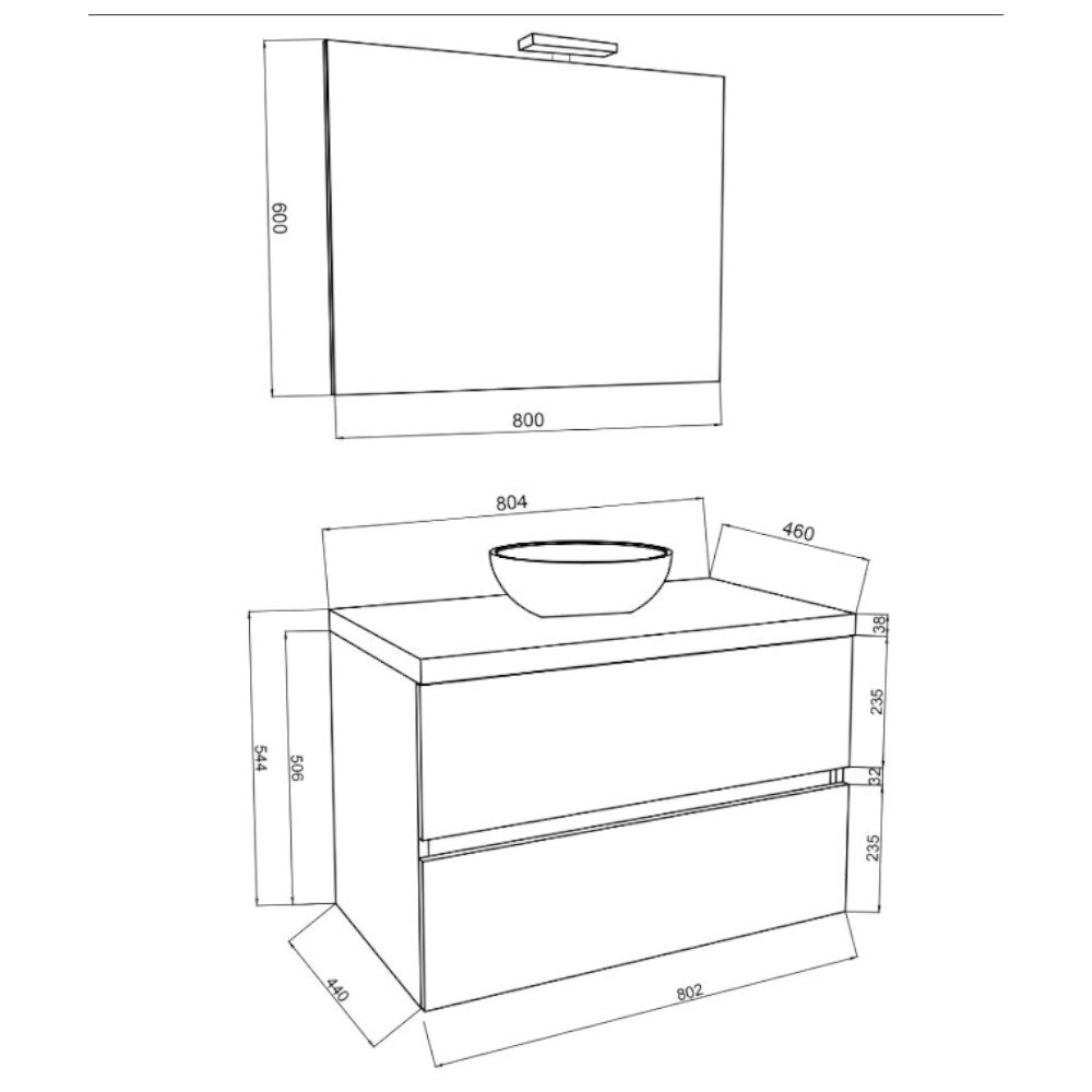 Composizione mobile da bagno rovere bianco beton sospeso con specchio e led Easytop 80