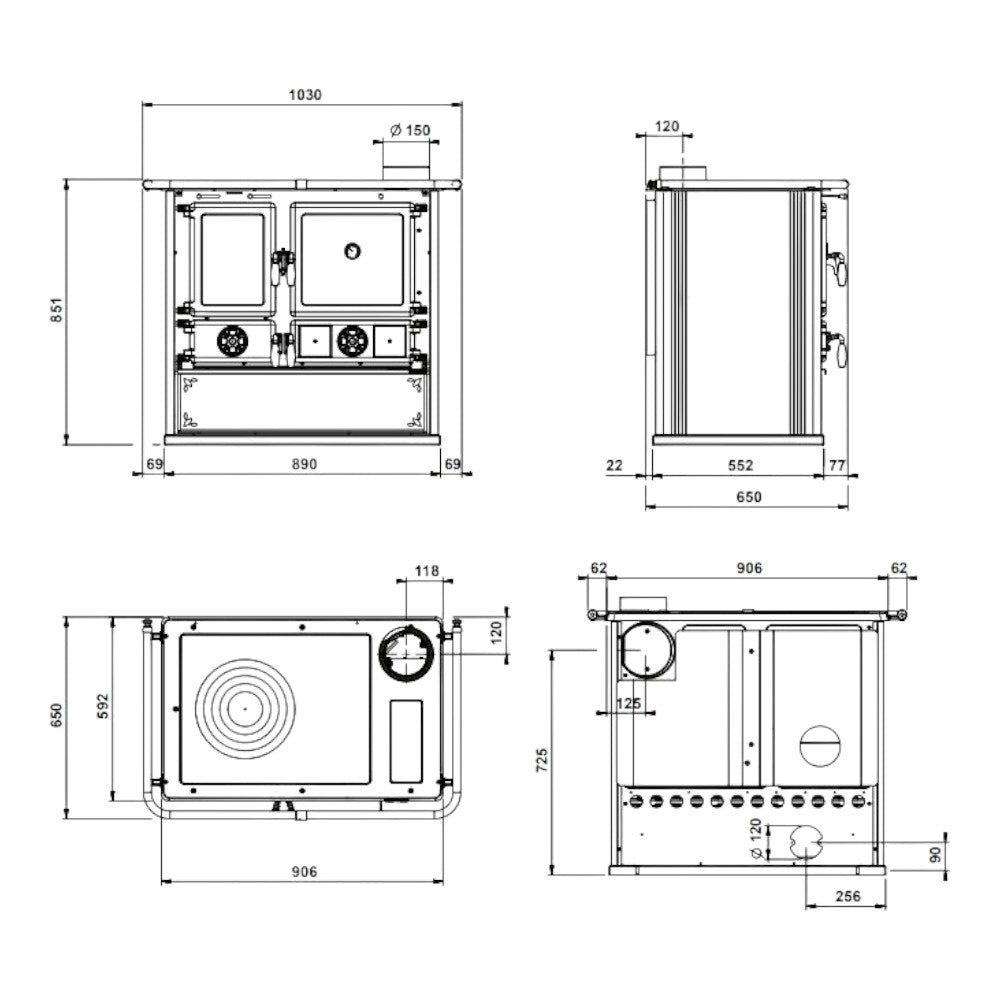 Cucina a legna in acciaio 8.8 Kw 103x65xH85 cm antracite 5.0 Steel Nordica