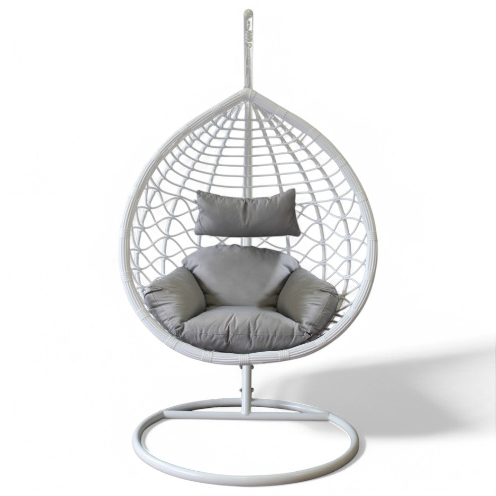 Dondolo da giardino in metallo tortora opaco con seduta in wicker grigio bianco naturale e cuscino poliestere elegante resistente