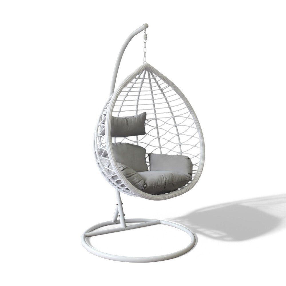 Dondolo da giardino in metallo tortora opaco con seduta in wicker grigio bianco naturale e cuscino poliestere elegante resistente