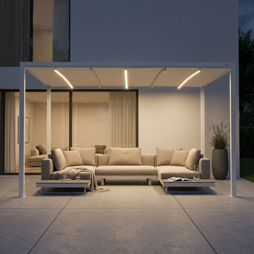 Gazebo pergola bioclimatica motorizzata da esterno in alluminio 3x4 mt con sistema retrattile integrato e illuminazione led