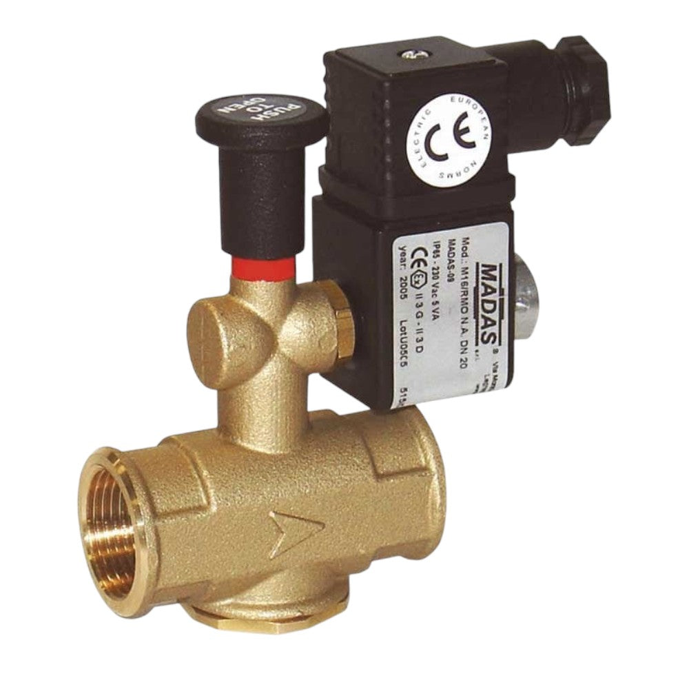 Elettrovalvola riarmo manuale per gas normalmente aperta 1/2 pollici con tensione 230v pressione max 500mba