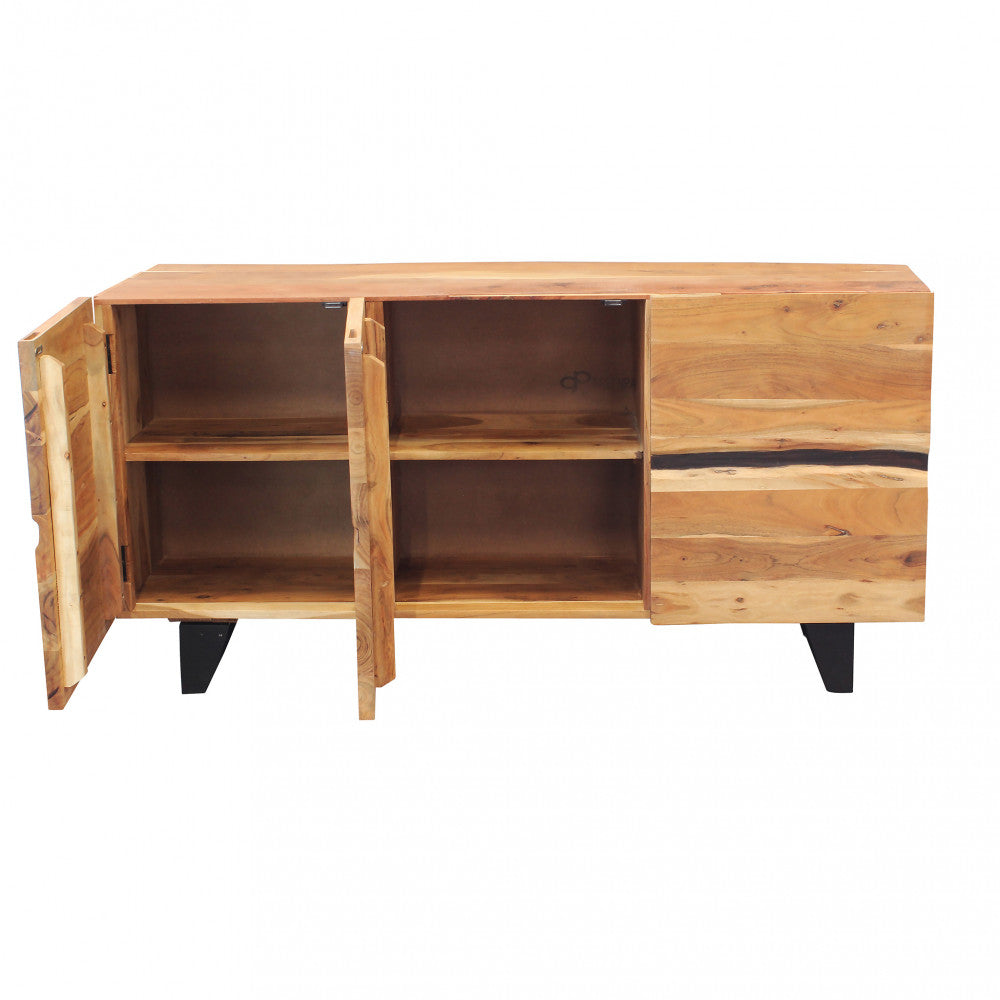 Buffet d'entrée de maison en bois d'acacia travaillé avec 3 portes et pieds en métal Kinde