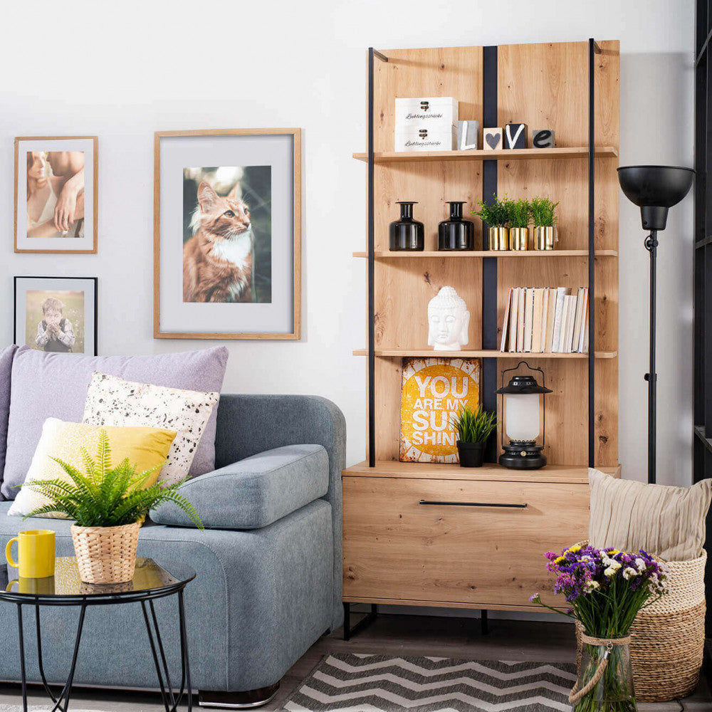 Meuble d'entrée de séjour en bois et métal 4 étagères et tiroir double compartiment avec porte abattante Ligne Industrielle 