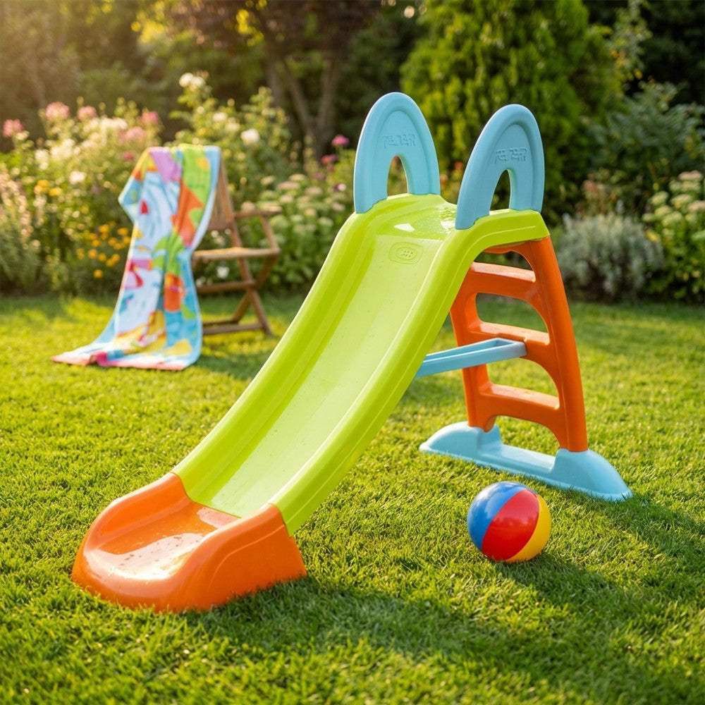 Toboggan de jardin pour enfants coloré avec raccordement à l'eau