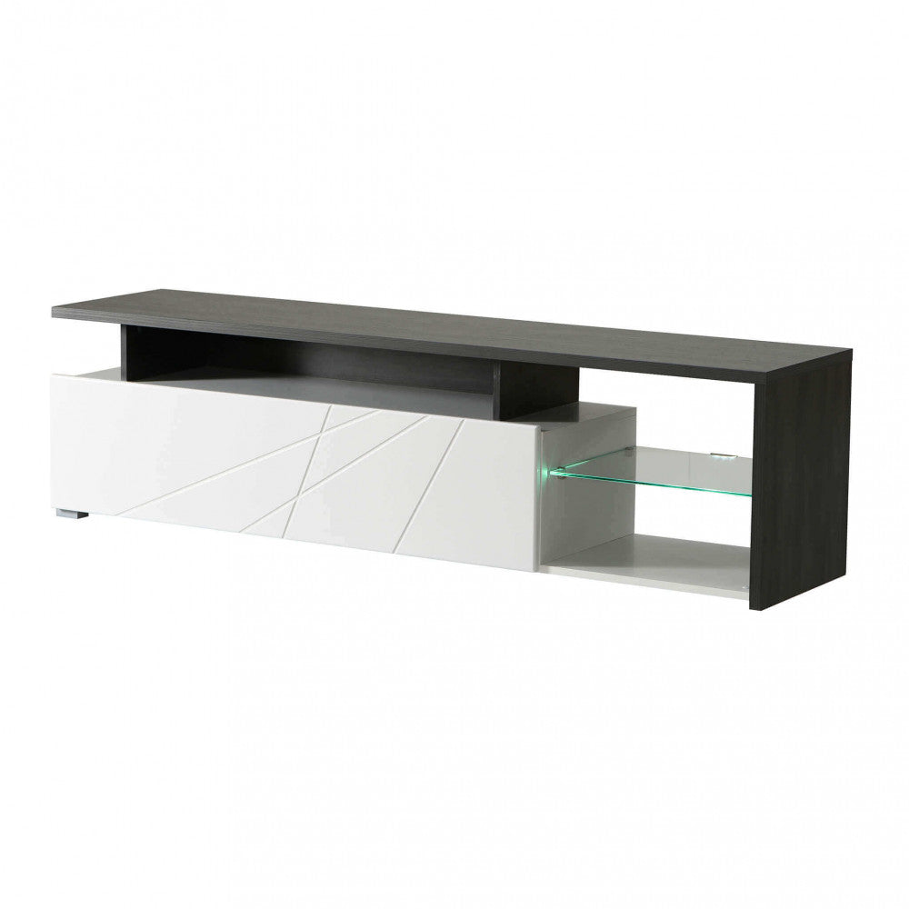 Élégant meuble TV en bois pour salon avec porte pliante blanche et étagère en verre Living TV