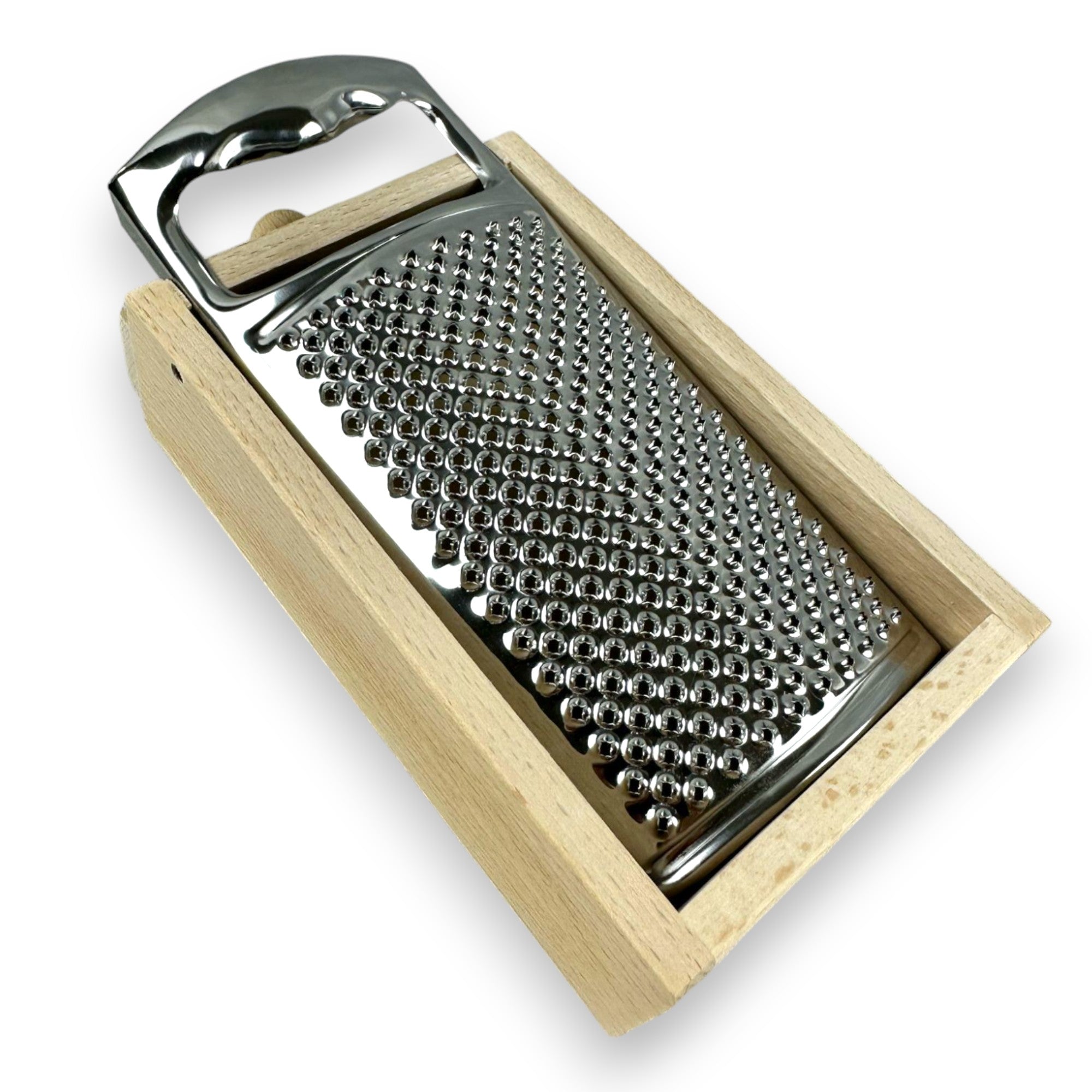 Râpe en acier inoxydable avec manche en bois et tiroir de récupération 