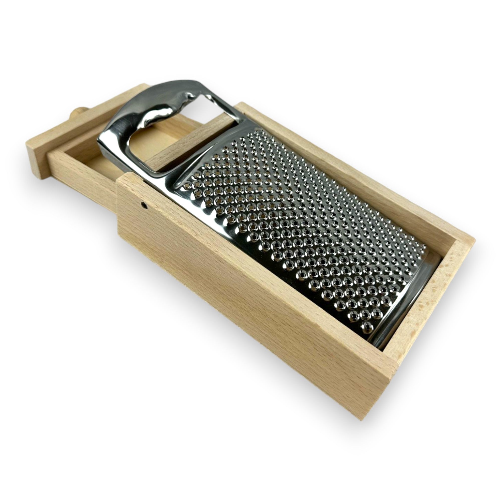 Râpe en acier inoxydable avec manche en bois et tiroir de récupération 