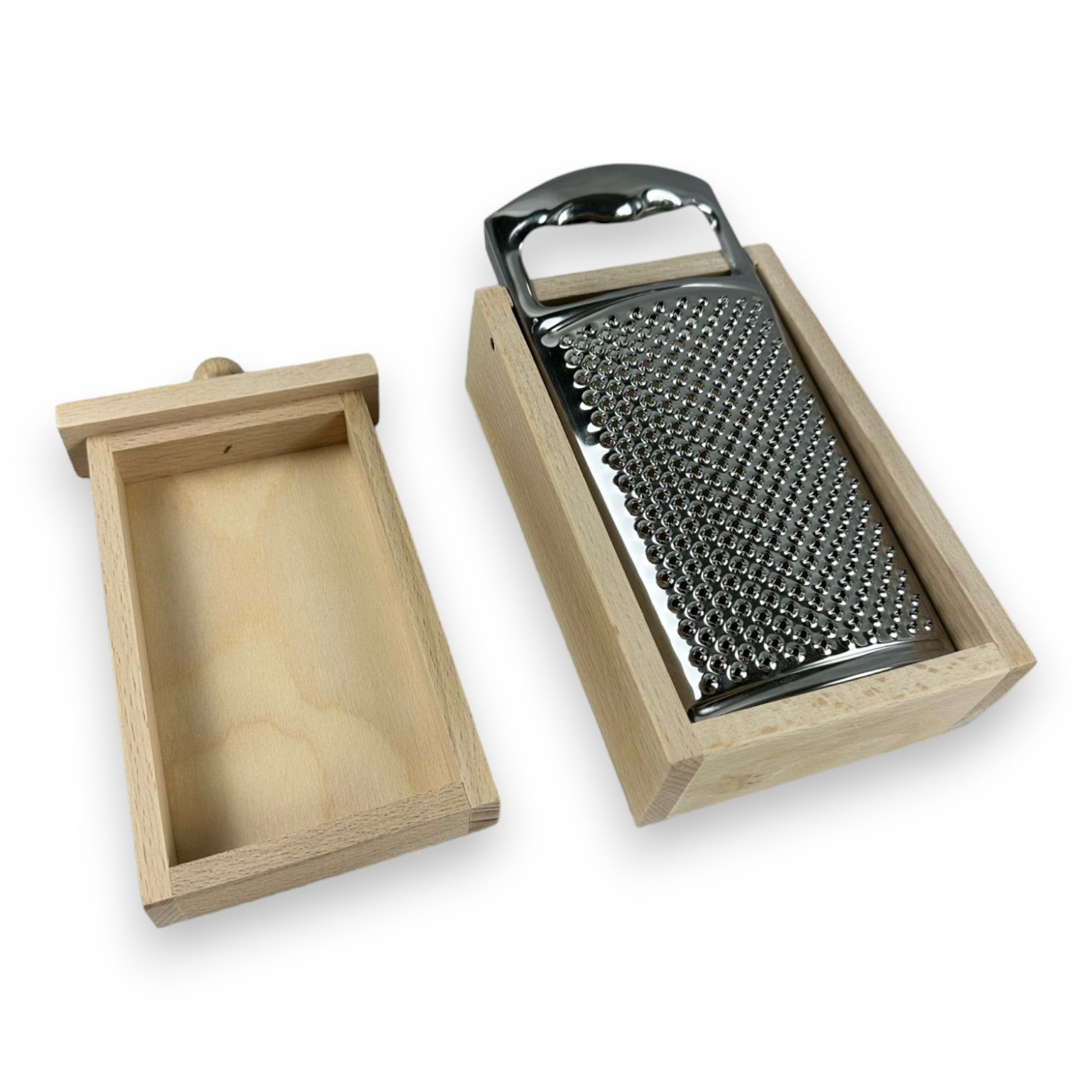 Râpe en acier inoxydable avec manche en bois et tiroir de récupération 