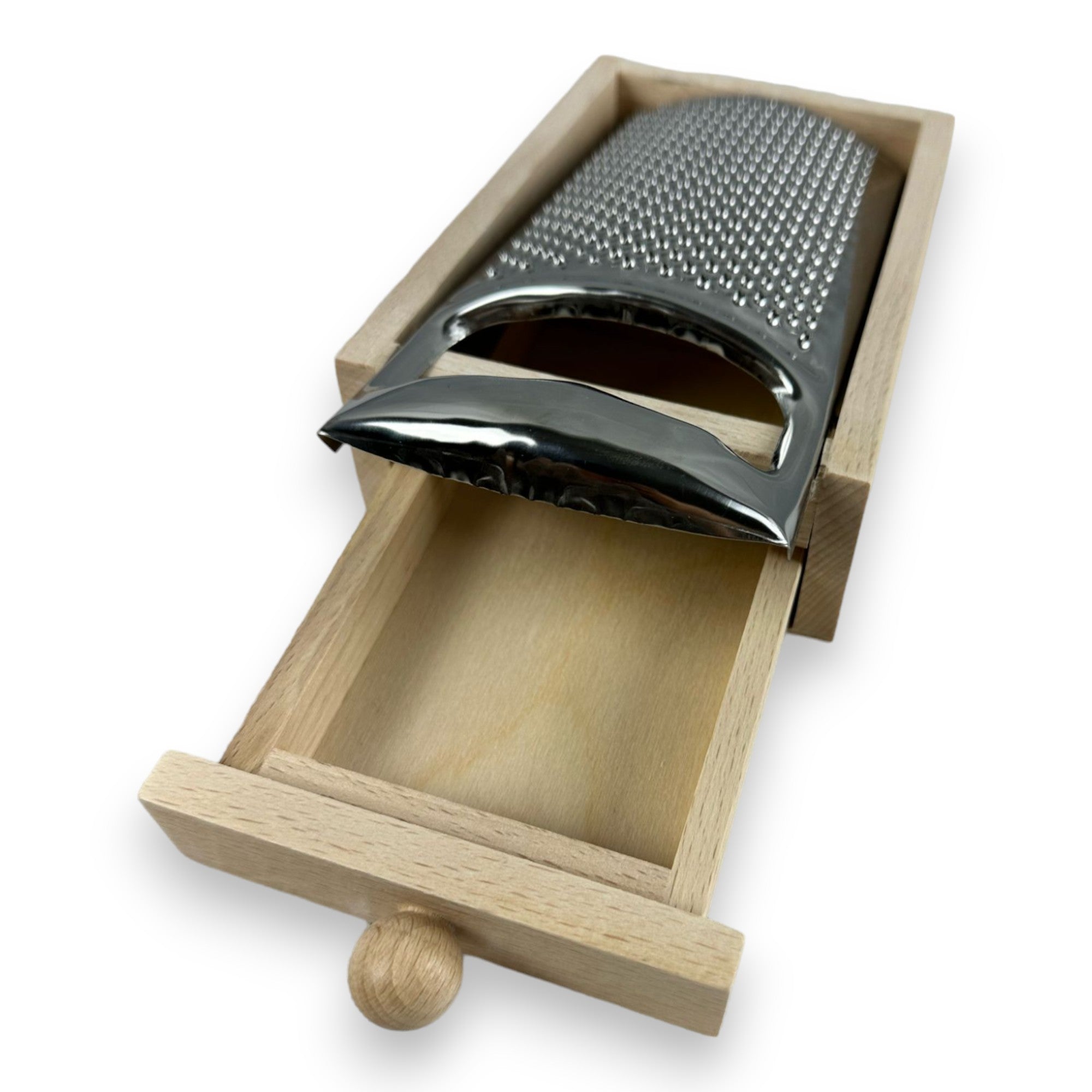 Râpe en acier inoxydable avec manche en bois et tiroir de récupération 