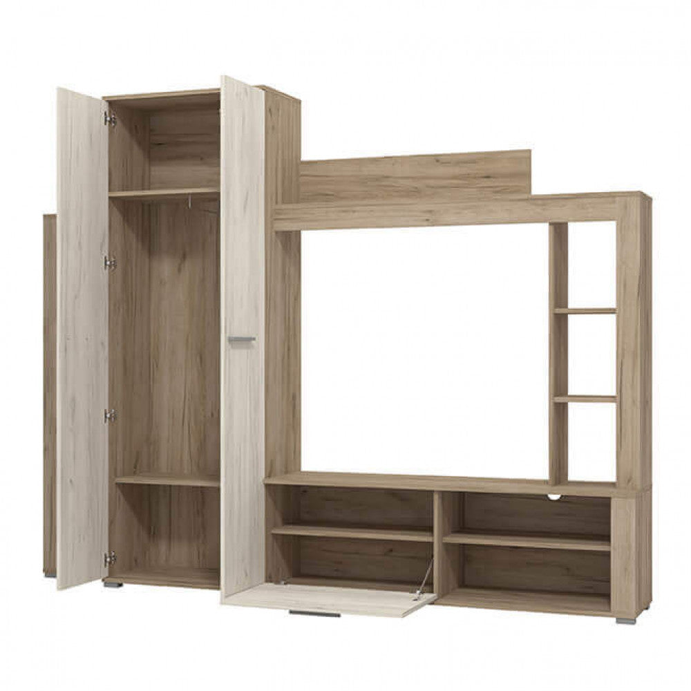 Meuble TV mural de salon en bois avec compartiment pour cintres et 9 étagères Manny