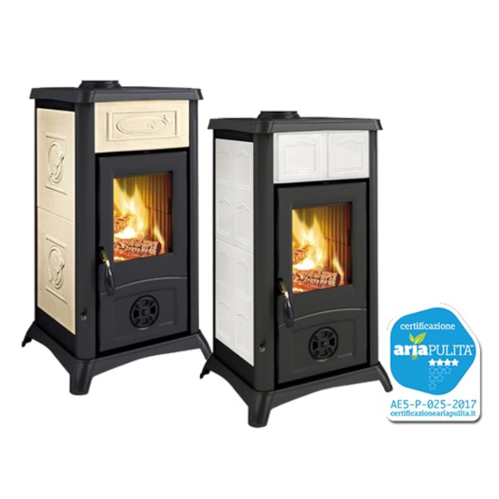 Poêle à bois avec structure en fonte et revêtement extérieur en majolique, système de post-combustion de 6 kw Gemma Liberty Nordica