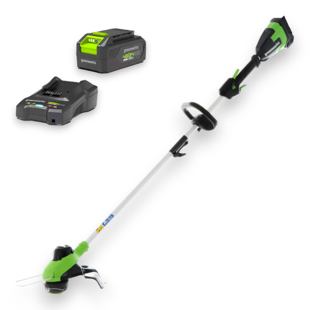 Coupe-bordure léger de 48 V avec tête double avec chargeur GREENWORKS et kit de batterie