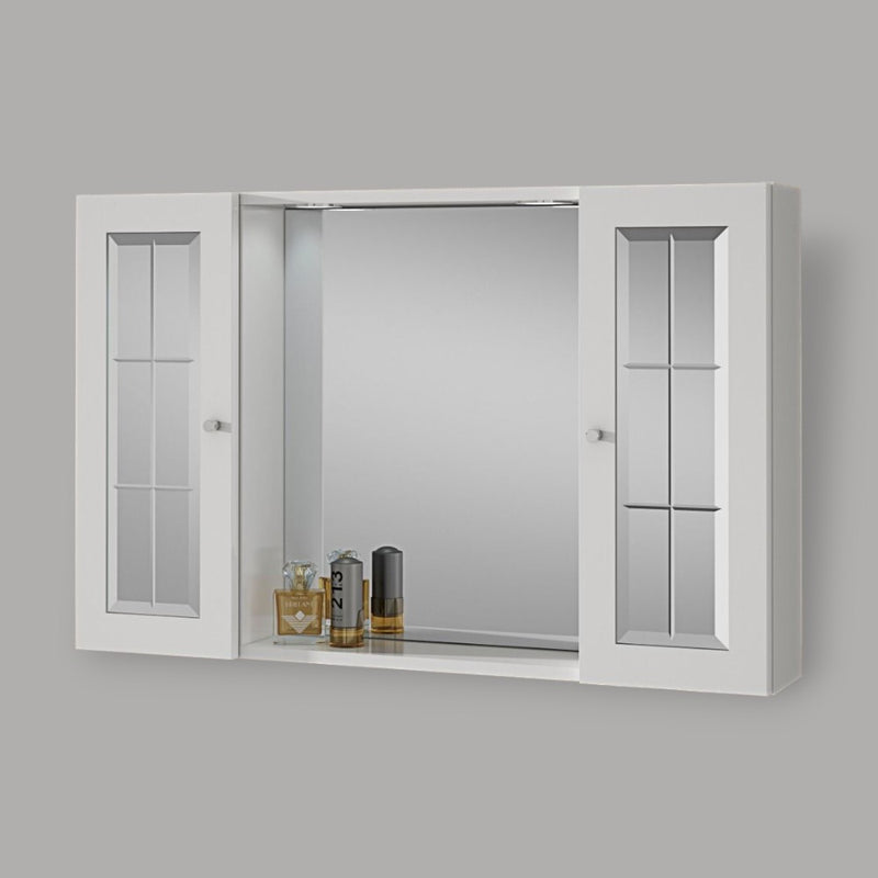 Specchiera mobiletto pensile 2 ante da bagno in legno laccato bianco con vetro stile inglese con led e interruttore Jasmine