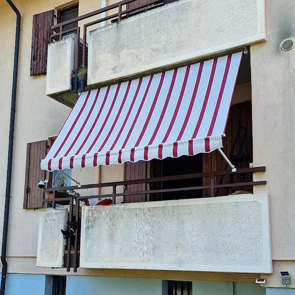 Store de balcon pare-soleil tombant 300x250 cm rayé bordeaux et crème avec profilés en aluminium 