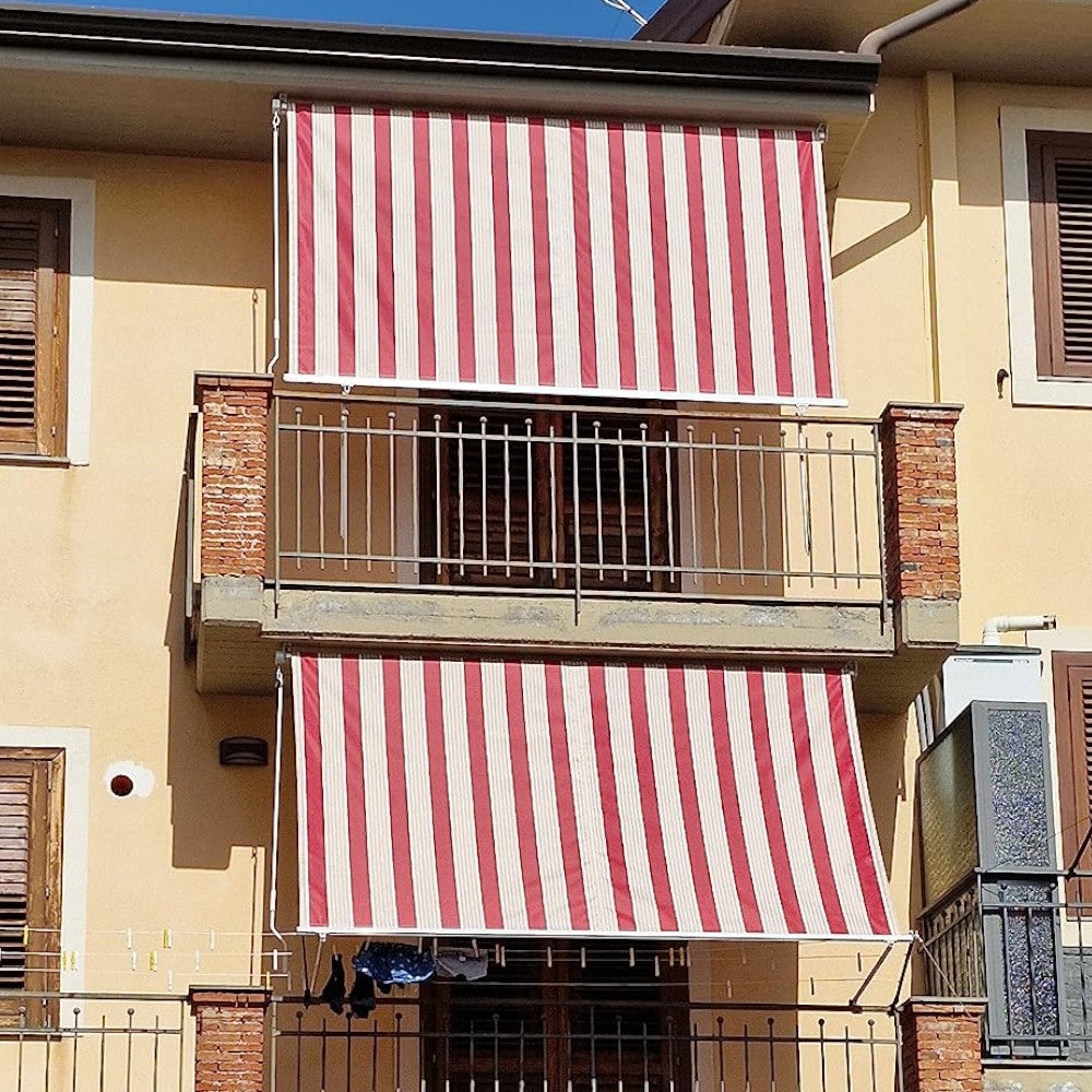 Store de balcon pare-soleil tombant 300x250 cm rayé bordeaux et crème avec profilés en aluminium 