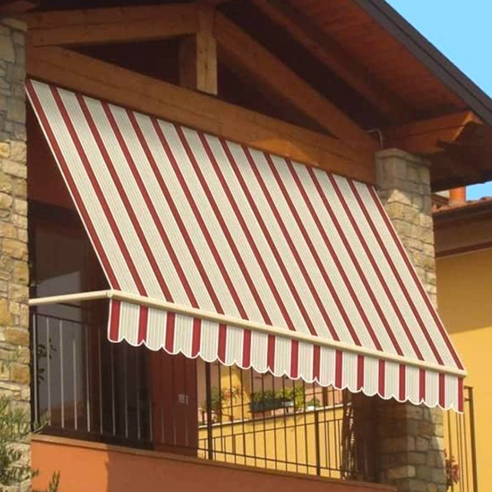 Store de balcon pare-soleil tombant 300x250 cm rayé bordeaux et crème avec profilés en aluminium 