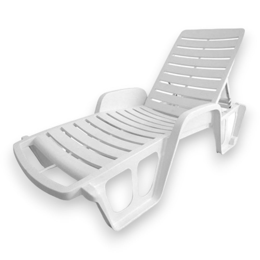 Chaise longue d'extérieur en résine avec dossier inclinable et empilable Blanc.