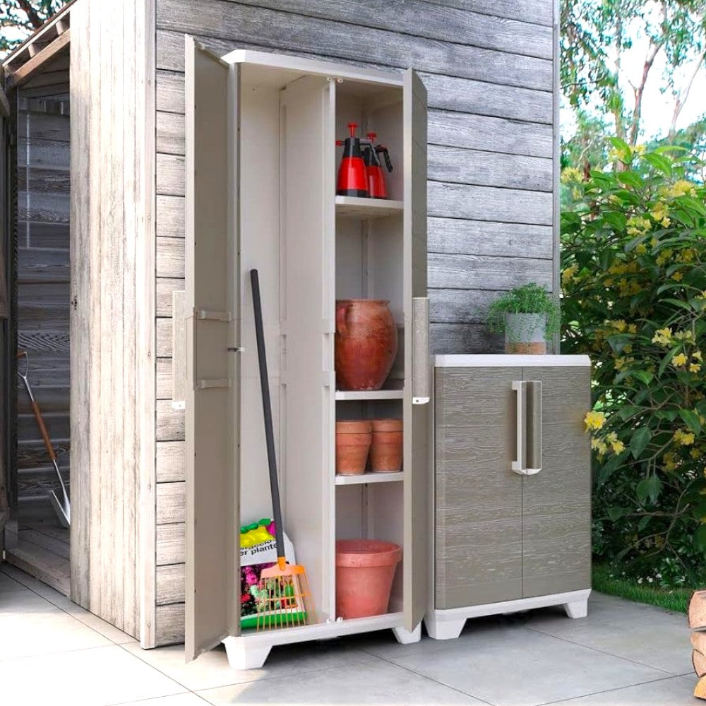 Armoire à balais d'extérieur en résine avec 2 portes effet bois verrouillables avec cadenas Linear Wood Keter 