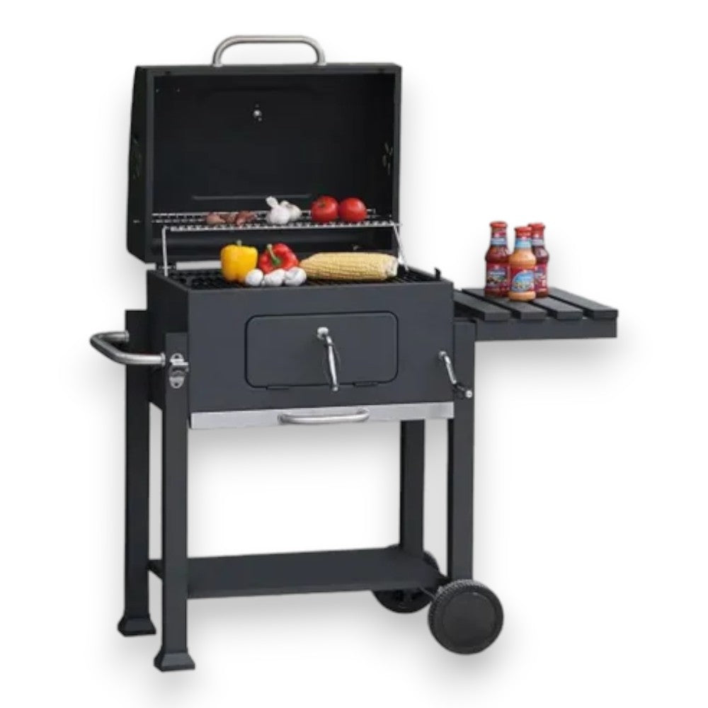 Barbecue à charbon en acier 2 grilles réglables en hauteur avec roulettes Kubrik