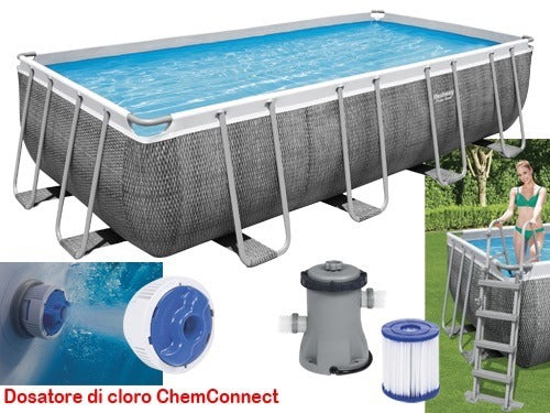 Piscine rectangulaire Power Steel 488x244x122 cm rotin couleur gris foncé Bestway 56996 