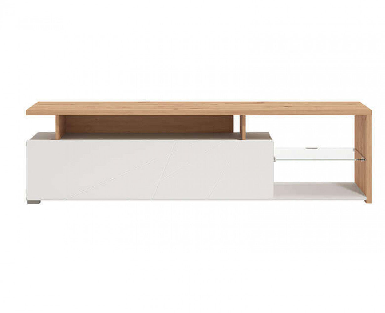 Élégant meuble TV en bois pour salon avec porte pliante blanche et étagère en verre Living TV