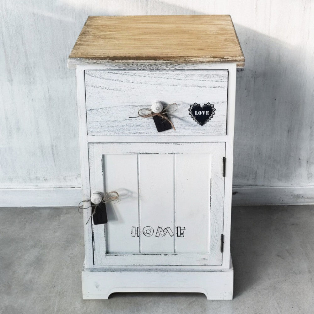 Mobile mobiletto comodino bianco e beige con 1 cassetto e 1 anta 35x28xH56 cm