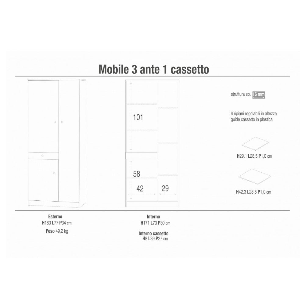 A32300Euk Meuble 3 Portes 1 Tiroir - Kit Eucalyptus
