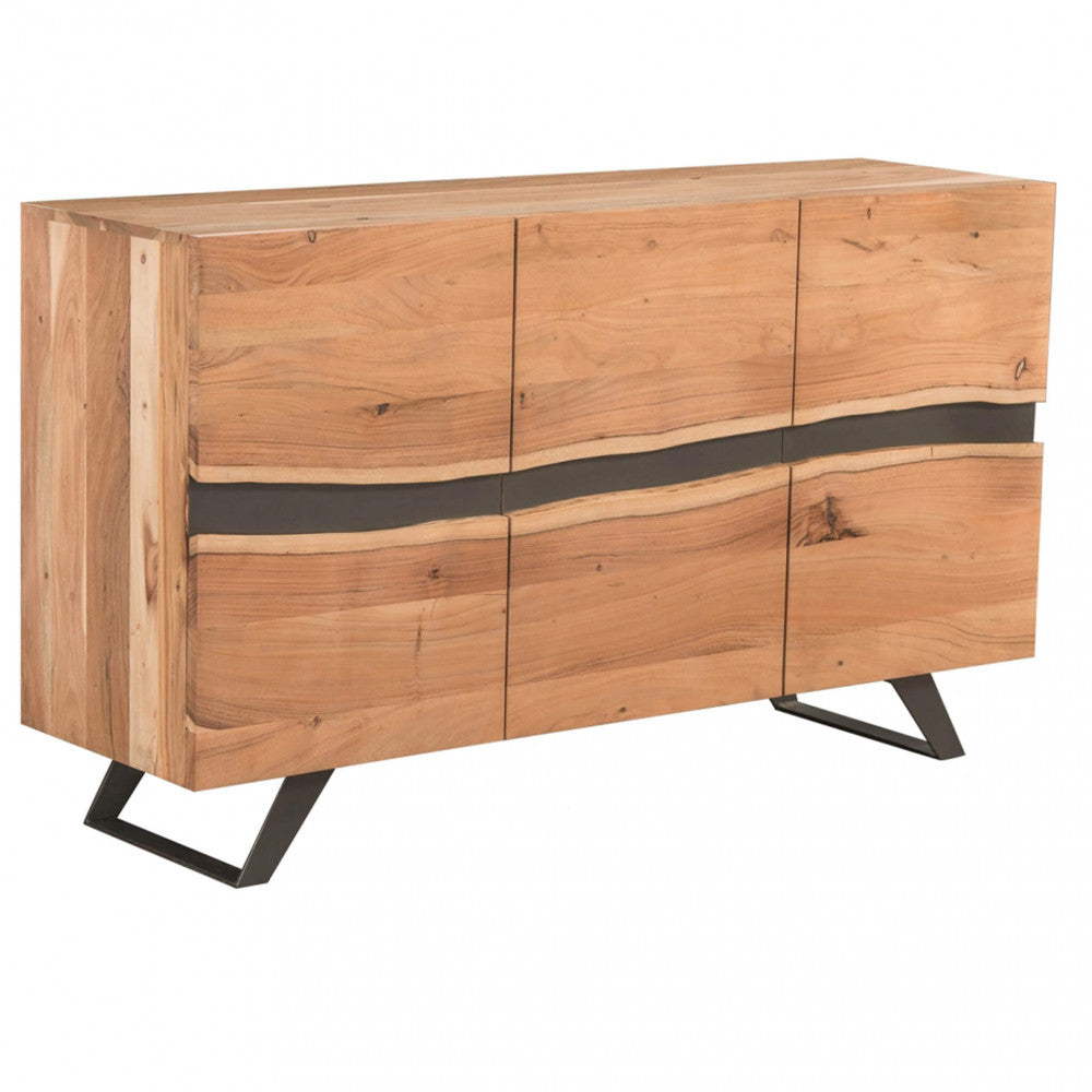 Buffet d'entrée de maison en bois d'acacia travaillé avec 3 portes et pieds en métal Kinde