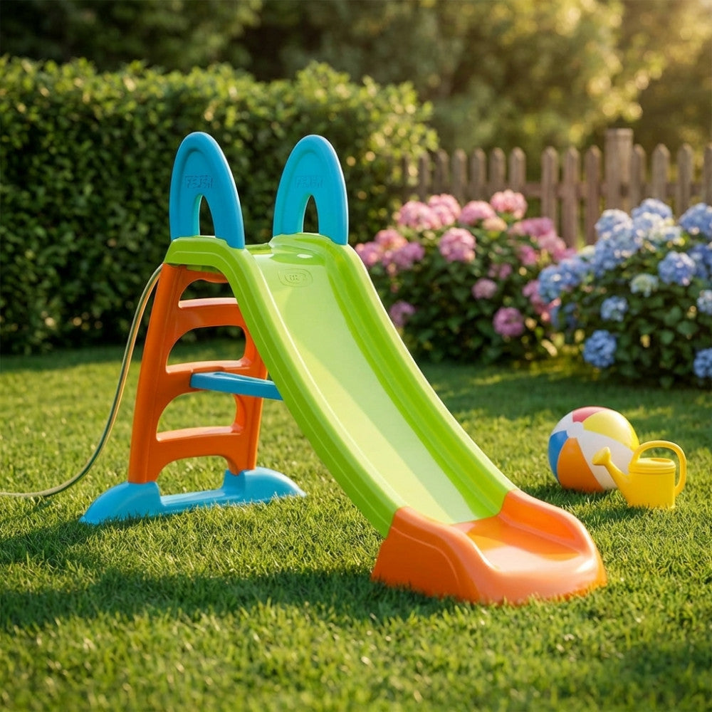 Toboggan de jardin pour enfants coloré avec raccordement à l'eau
