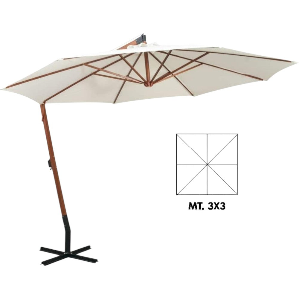 Parasol carré en bois décentralisé avec manivelle - 300x300 cm, mât 55x55 mm à 8 baleines