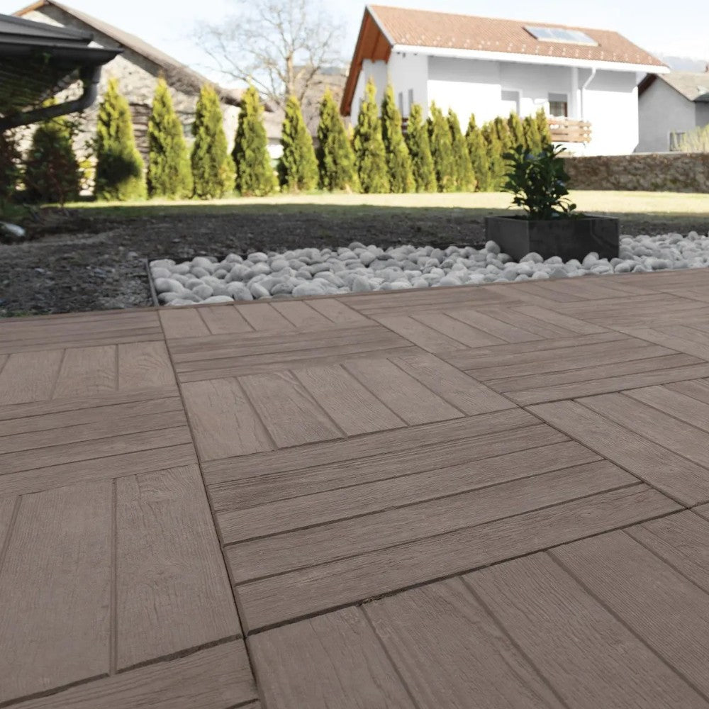 Set 4 piastre base per ombrellone e pavimentazione esterna iroko ortogonale effetto legno 50x50x3,7 cm 85 KG