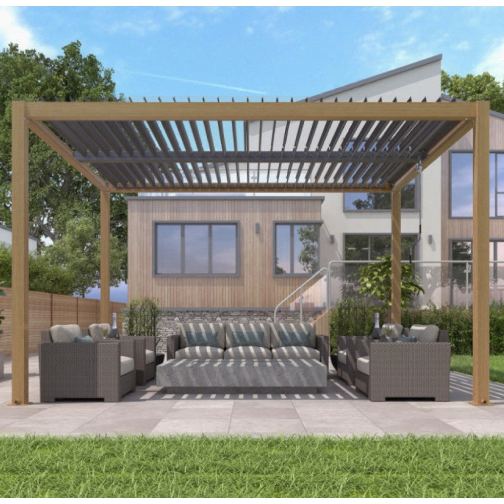 Pergola bioclimatica 3x4 in alluminio marrone effetto legno con lamelle frangisole orientabili a movimentazione manuale Velaris
