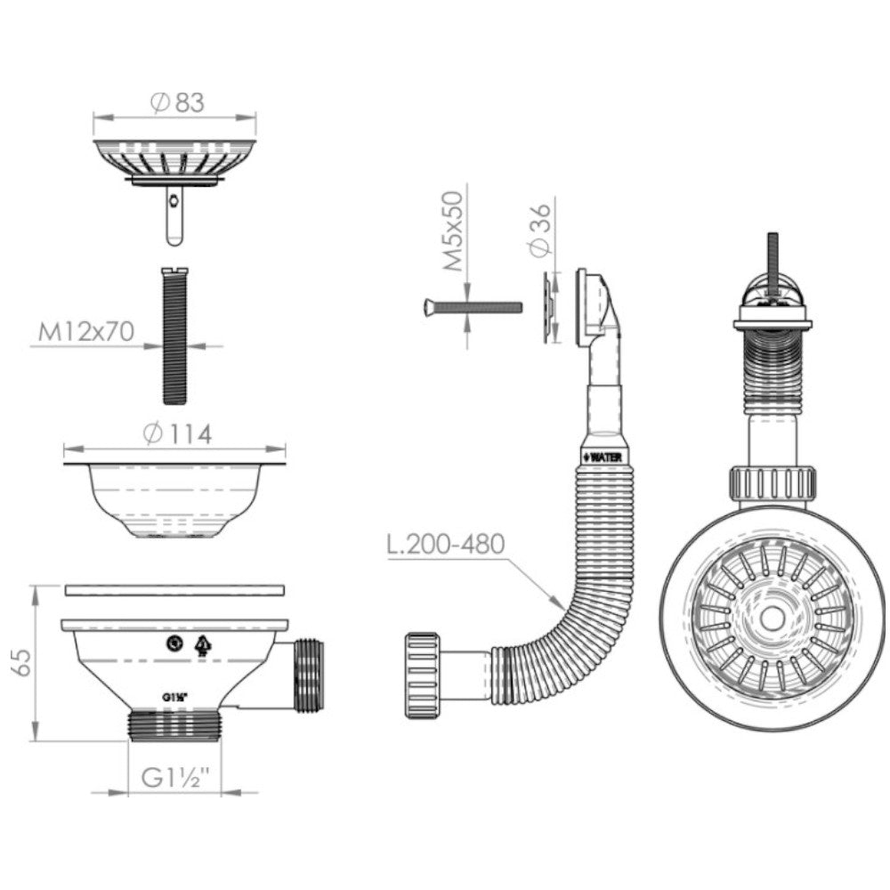 Piletta in ottone anticato per lavello con troppo pieno rotondo estensibile diametro 11.4 cm
