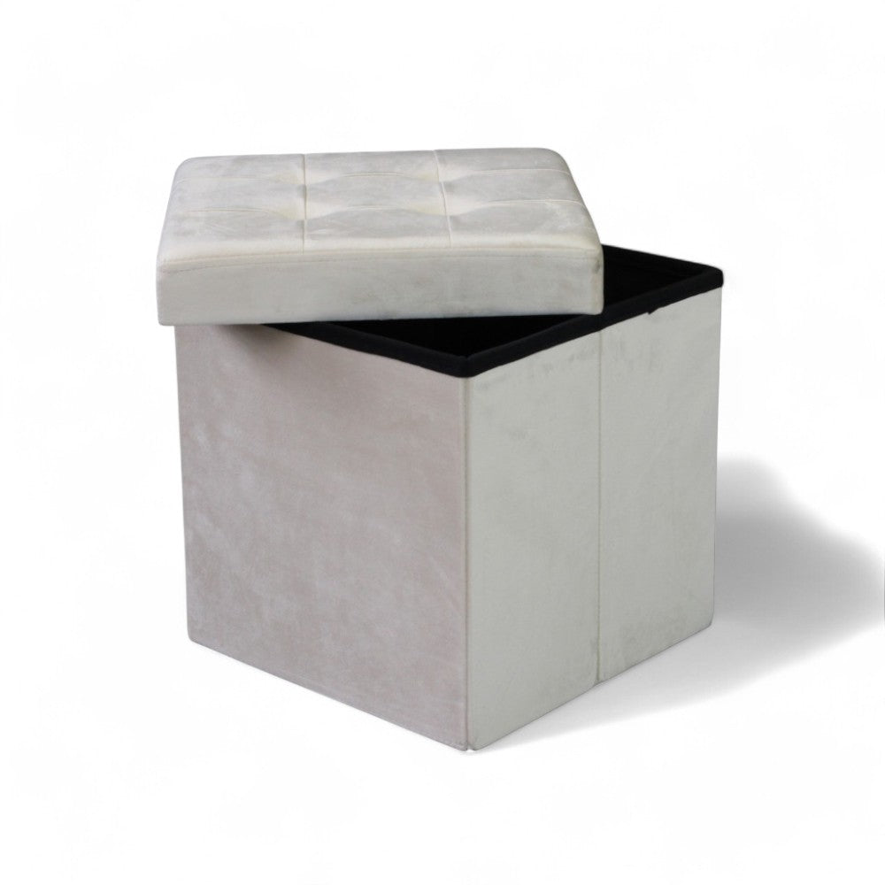 Pouf de rangement carré en velours beige