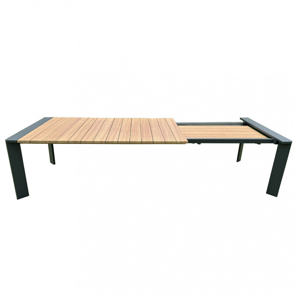 Tavolo rettangolare allungabile in alluminio con piano effetto legno 200/250x100xH75 cm