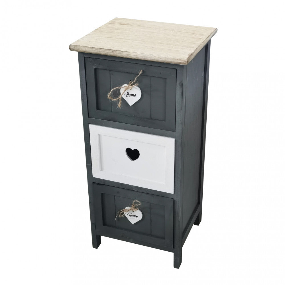 Mobiletto cassettiera in legno antracite 30x27x63 cm con 3 cassetti decorati