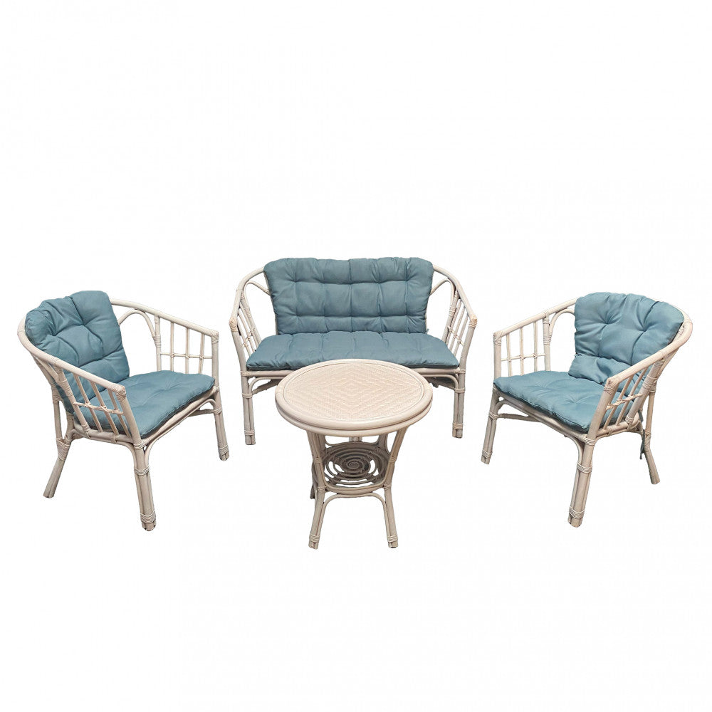 Salotto da esterno 4 posti con cuscini imbottiti e struttura in legno wicker