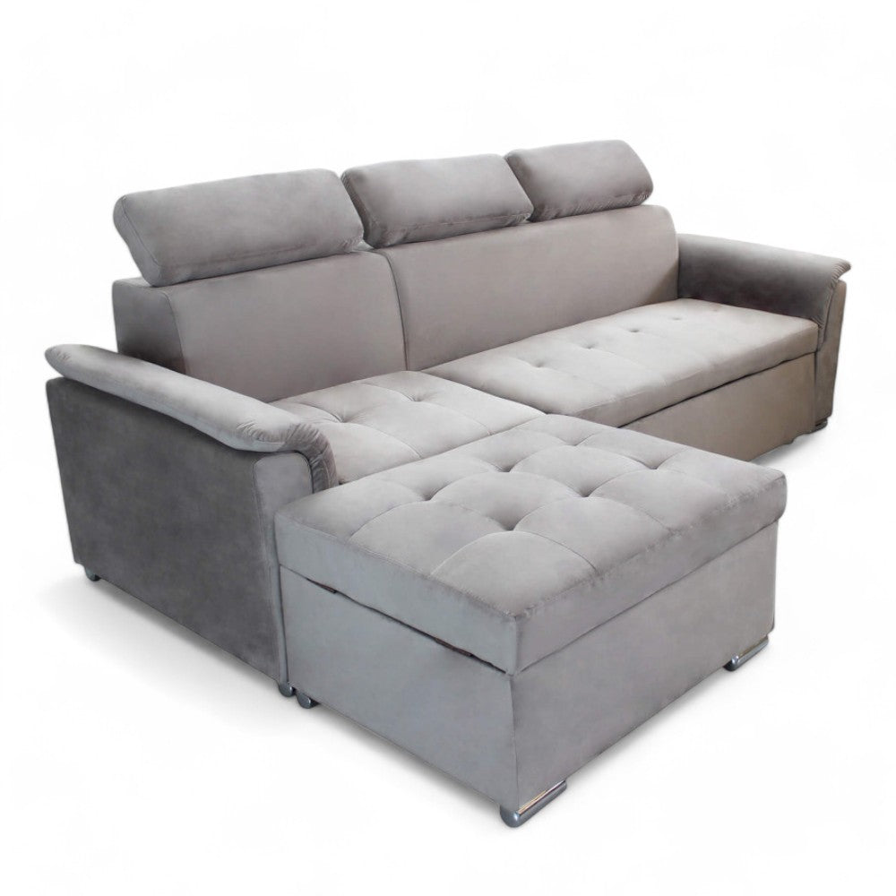 Canapé-lit avec péninsule de rangement et appuis-tête réglables en tissu gris tourterelle Boston