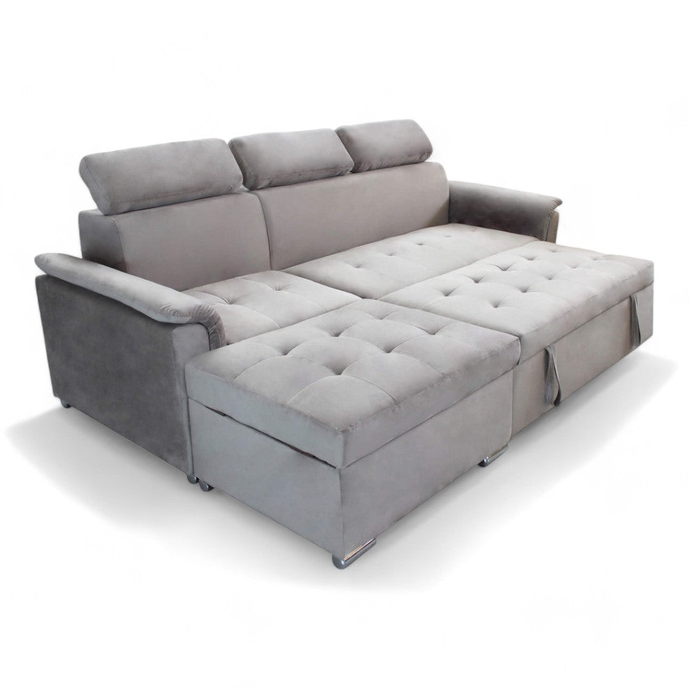 Canapé-lit avec péninsule de rangement et appuis-tête réglables en tissu gris tourterelle Boston
